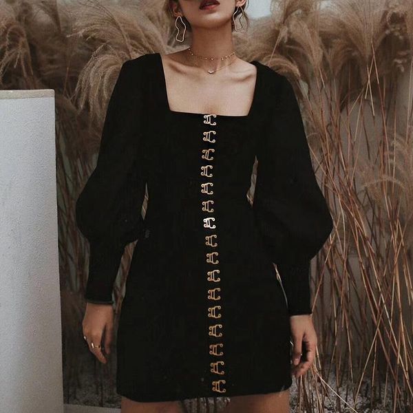 

casual dresses vintage long puff sleeve black velvet dress woman 2021 autumn and winter metal buckle compact short, Black;gray