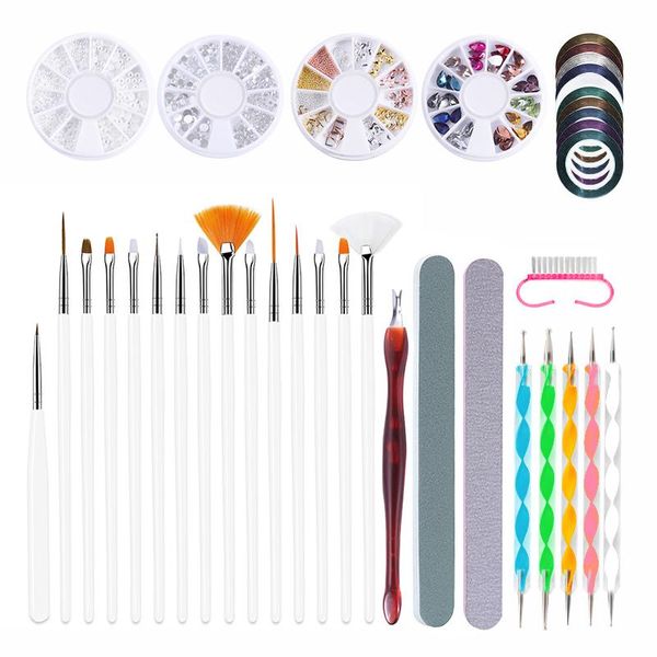 

nail art kits set manicure strass rhinestones cutcile fork files dust brush dotting pen tape lines decals tools kit
