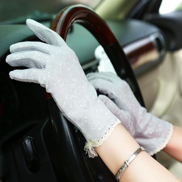 

five fingers gloves women' summer driving car sun protection cotton feather pattern lace bow macrame anti-slip touch screen, Blue;gray