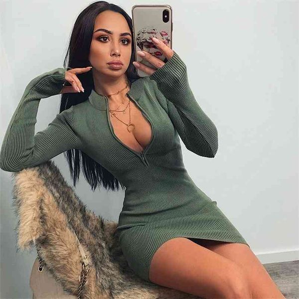 

women winter fall bodycon ribbed dress new stand collar zipper deep v-neck solid stretch bodycon pencil party mini vestido 210426, Black;gray