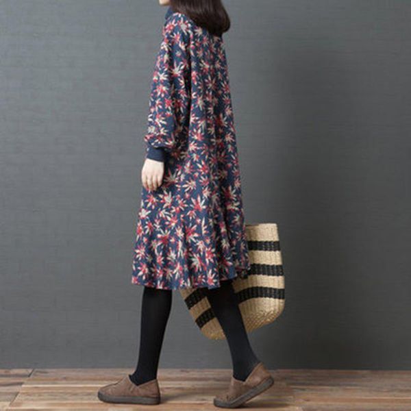 

casual dresses arrival autumn korean style women loose turtleneck long sleeve dress vintga print knee-length cotton linen a245, Black;gray