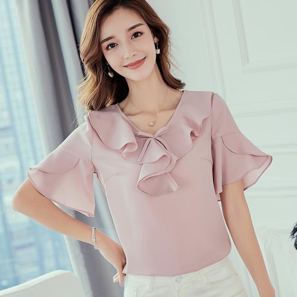 

women's blouses & shirts women chiffon shirt female korean version all-match ladies spring summer pure color short sleeve bowknot h910, White