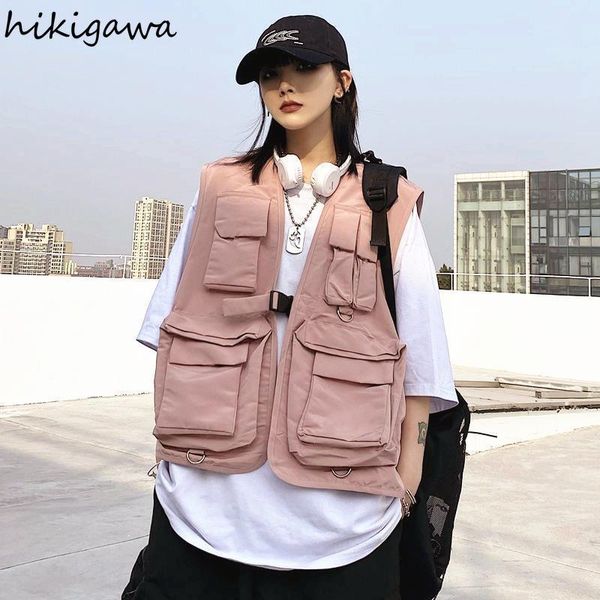 

women's vests hikigawa 2021 harajuku streetwear tooling vest jacket women loose sleeveless autumn waistcoat casual coat, Black;white