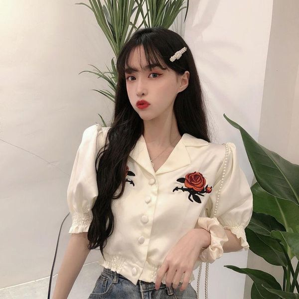 

women's blouses & shirts vintage blouse women 2021 summer puff sleeve notched neck shirt embroidery korean chic loose white blusas muj