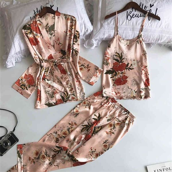 

women's sleepwear 9color women pajamas sets with pants 3pcs satin silk print floral pink night home wear pyjama sleep clothing 24ep, Black;red