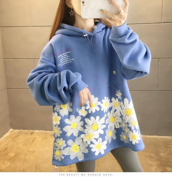

winter thick cotton polyester oversized floral loose hooded pullover comfortable warm hoodie women's hoodies & sweatshirts, Black