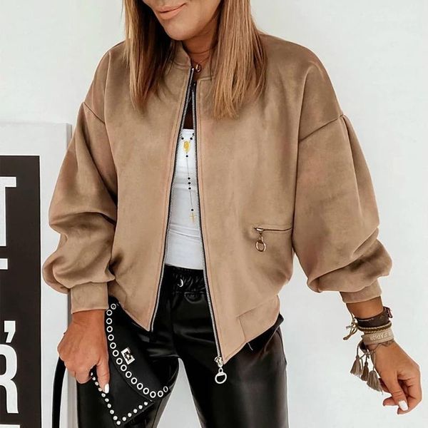 

autumn khaki zipper women's short jacket lantern long sleeve standing collar pocket coat streetwear casual ladies jackets, Black;brown