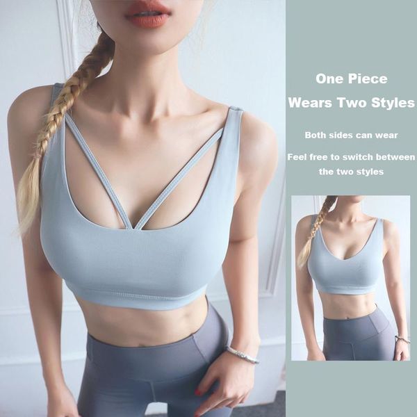 

gym clothing reversible yoga bra -proof sports deep v gathers fitness underwear quick dry beauty back running, White;black