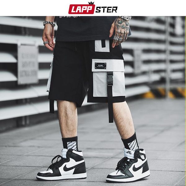 

men streetwear color block cargo shorts 2021 summer hip hop joggers polyester sweatshorts belt khaki men's, White;black