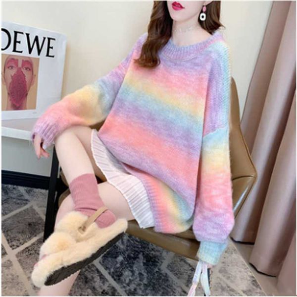

women's jackets cashmere sweater ladies loose rainbow stripe all-in-one knitwear medium long fall/winter 2021 fabric soft, Black;brown