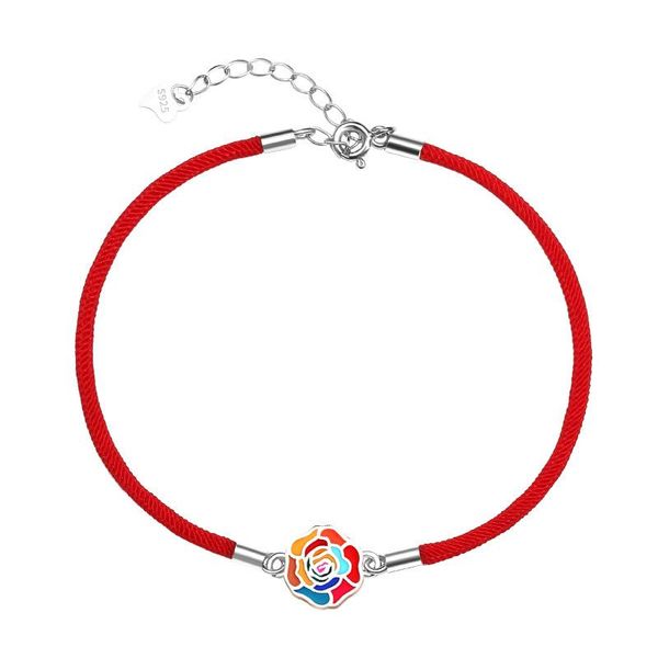 

anklets color enamel rose flower for women silver 925 jewelry chain handmade weave red rope ankle bracelet girl gift wholesale, Red;blue