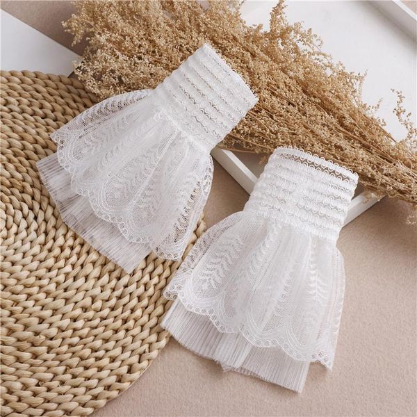 

five fingers gloves vintage lace detachable sleeve fake cuffs ladies pleated flare false female mesh ruffles wristband decorative, Blue;gray