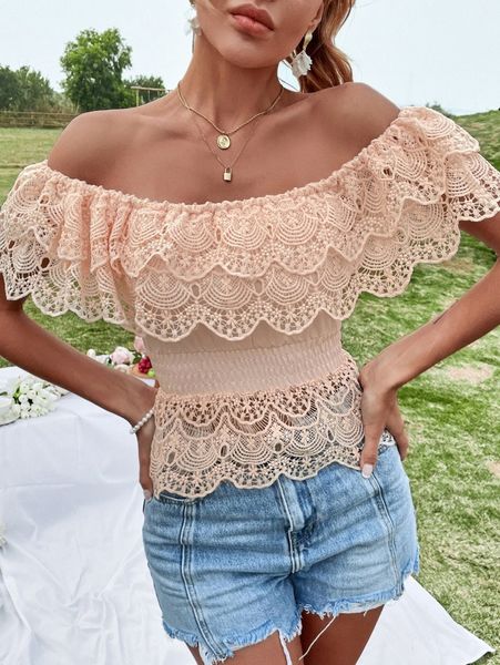 

tie back eyelet embroidery lace shirred waist h80w#, White