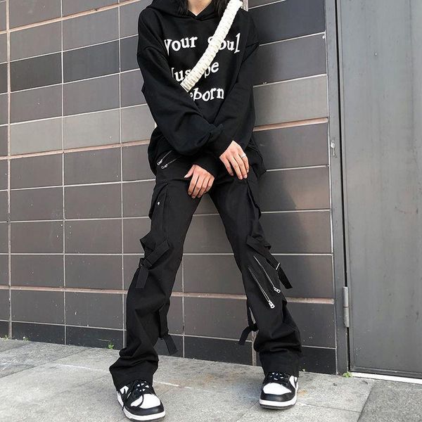 

men's pants black hip hop cargo men fashion punk fake zipper hippie trousers streetwear harajuku gothic mall goth