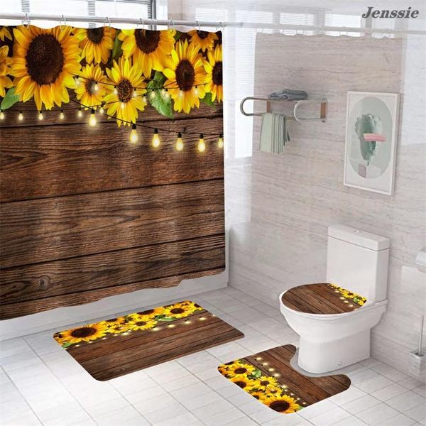 

shower curtains 3d sunflower vase bathroom curtain toilet cover bath mat wooden door chrysanthemum print waterproof with hooks