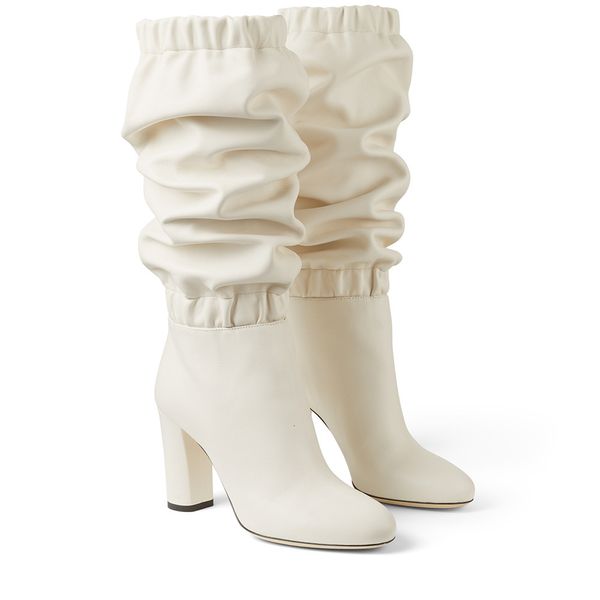 

boots beige white suede frape elastic women mid-calf female chise mid calf chunky heels pleated knight bottine zapatos clxd, Black