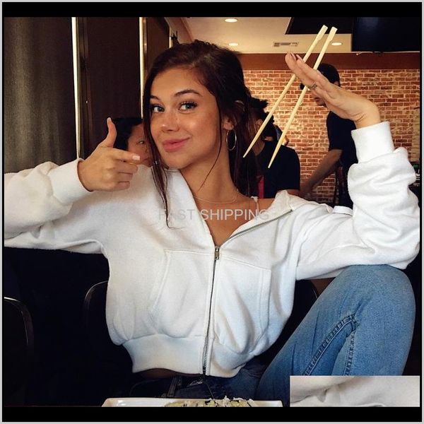 

women's sweatshirts zip-up autumn winter pockets slim jacket female clothes drawstring white color lady apparel drop delivery, Black