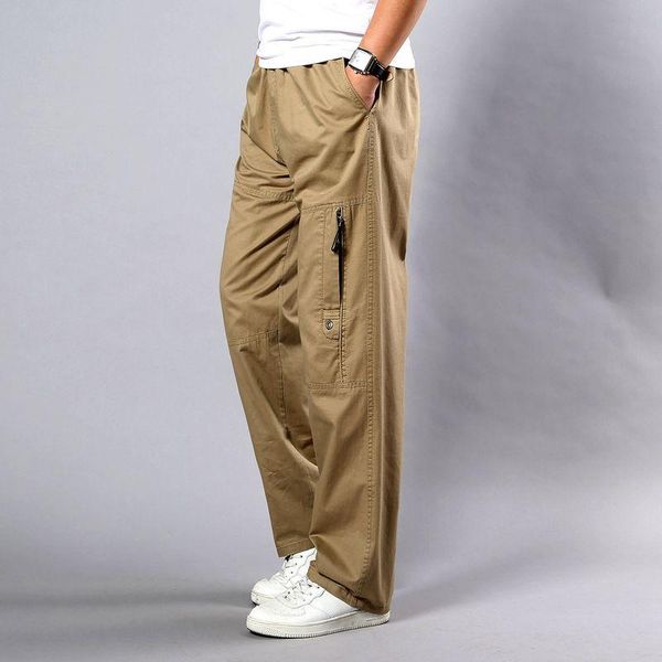 

men's pants summer men straight loose casual male cotton sports trousers side pockets wide leg khaki large plus size for seasons, Black