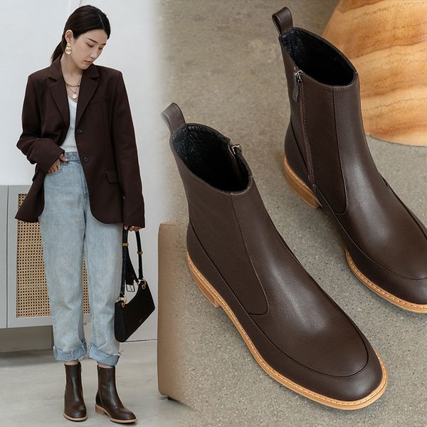 

wind brown casual flat boots 2021 autumn winter side zipper short women's leather low heel single boots are versatile, Black