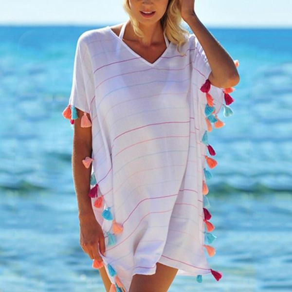 

women's swimwear summer solid color swimming suit cover ups loose fringed ball beach blouse dress vestidos mujer verano 2021 pareo#30, White;black