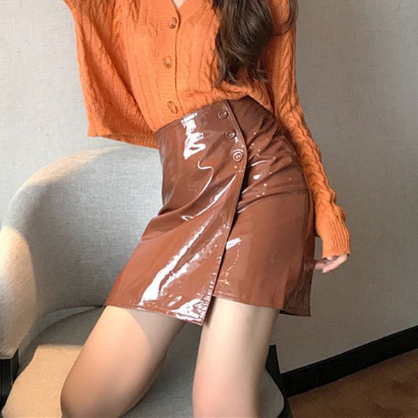 

skirts pu women mini high waist korean slim button fashion mirror black causal a line spring new female w6s0