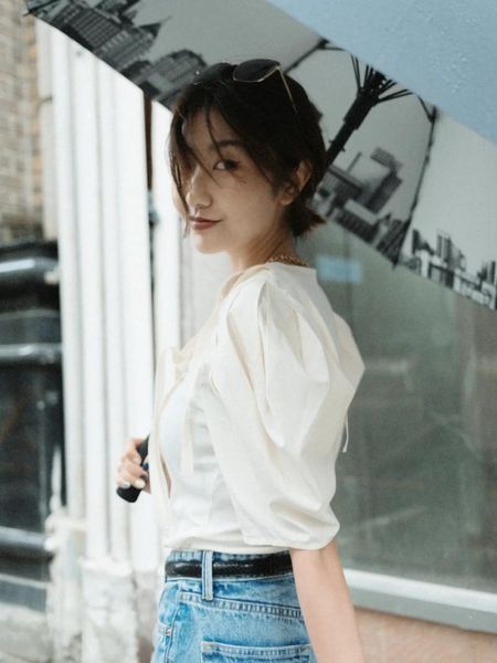 

women's blouses & shirts women shirt autumn 2021 lantern sleeve button bowtie cotton simple blouse ladies, White