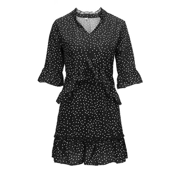 Casual Kleider Halb Flare Sleeve Polka Dot Bohemiea V-ausschnitt Für Frauen Plus Größe Kleidung Sommer Lose Plissee A-linie strand Kleid