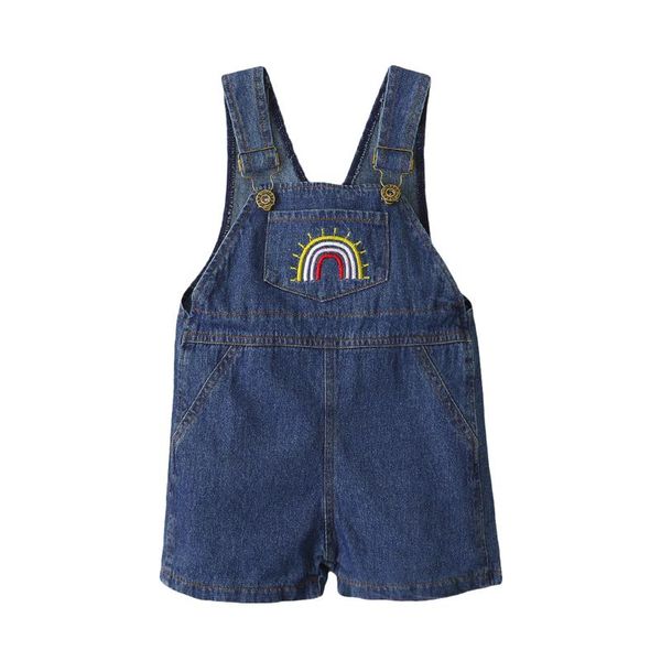 

jumpsuits 6m-5years baby suspender pants denim trousers square neck shoulder buttons rainbow embroidery front pocket romper, Blue
