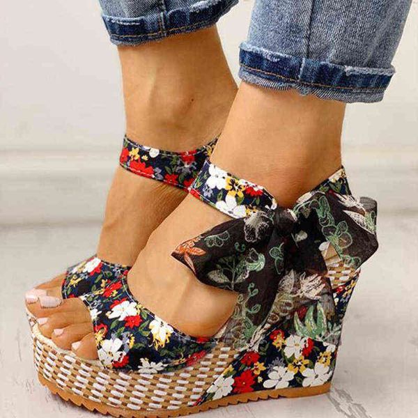 Mulheres Sandálias Dot Bowknot Design Plataforma Cunha Feminino Casual Aumento de Sapatos Sapatos Senhoras Moda Ankle Strap Open Toe Sandálias H1126