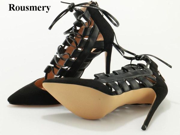 

women fashion pointed toe suede leather lace-up pumps cut-out ankle strap heels formal dress shoes, Black