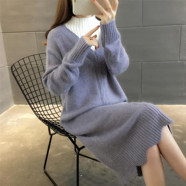 

high thickening knitting sweater dress for women's pullover v neck medium length autumn winter korean loose vestido casual dresses, Black;gray
