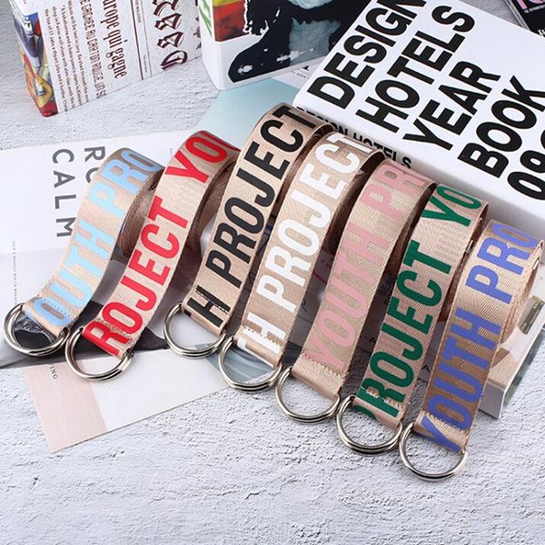 

belts 1pc men women canvas letters printed d ring double buckle belt, Black;brown