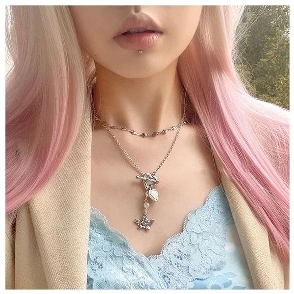 

pendant necklaces korean fashion punk geometric heart angel necklace jewelry accessory for women trendy silver color clavicle chain kloye