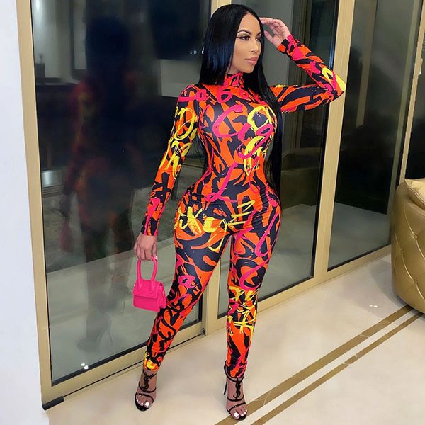 

graffiti print workout skinny rompers womens jumpsuit long sleeve active wear spring 2021 bodycon one piece outfits hot, Black;white