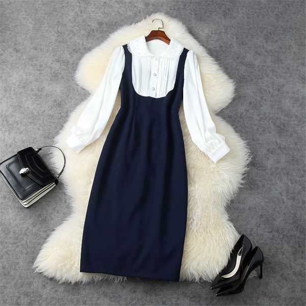 

two piece dress spring fashion clothes for women of runway designers peter pan glue block color dress up long office party peli, White