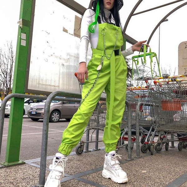 

women's jumpsuits & rompers suspender jumpsuit spaghetti strap korean harajuku bag buckle belt metal chain overalls women dungarees chi, Black;white