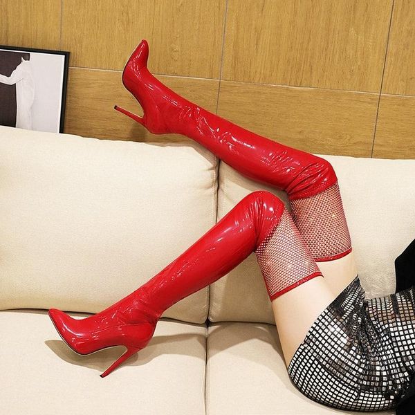 

boots large size knee women's thin heel pointed autumn and winter thigh 12cm elastic leather, Black