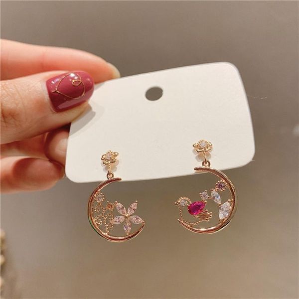 

dangle & chandelier 2021 asymmetric shiny fine crystal flowers design earrings fashion joker women sweet drop jewelry, Silver