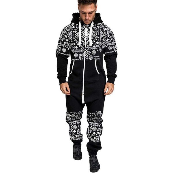

winter men's national style printed casual slim fit one-piece zipper fleece hoodie, Black
