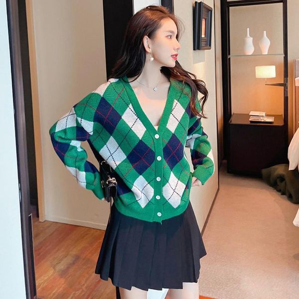 

women's knits & tees 2021 autumn loose slimming retro college style plaid long-sleeved sweater coat, White