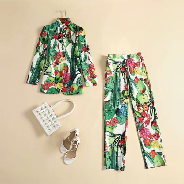 

women's two piece pants european and american women's wear winter style long-sleeved cactus flower print coat trousers fashion sui, White