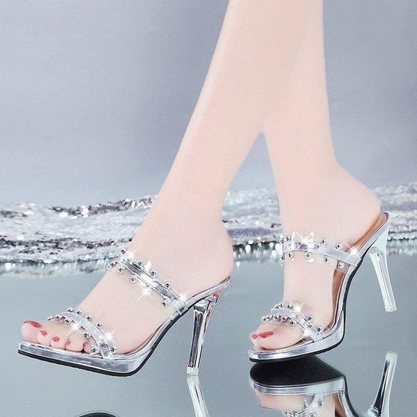 

slippers women female summer korean rhinestone stiletto high heel sandals fashion wild casual shoes crystal lady slides, Black