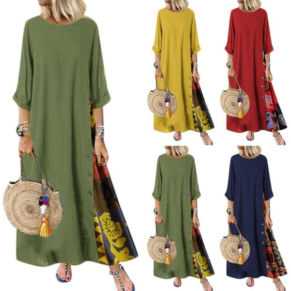 

casual dresses 2021 women long dress floral print patchwork plus size loose 3/4 sleeve beach holiday maxi vestidso, Black;gray
