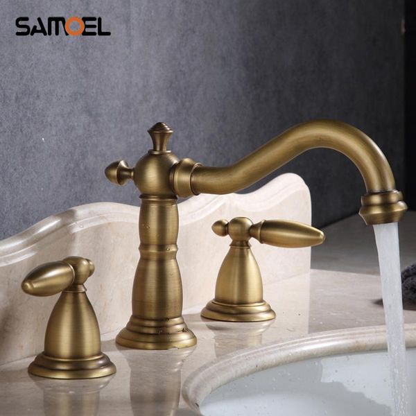 

bathroom sink faucets deck mount brass 3 hole basin mixer taps dual handle antique copper cabinet faucet 3pcs bf1019