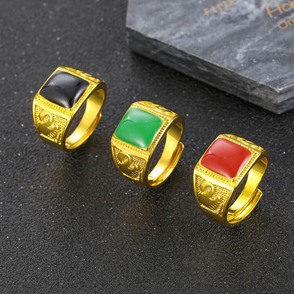 

red green / black oil drop brass gold plated men's imitation ring, Silver