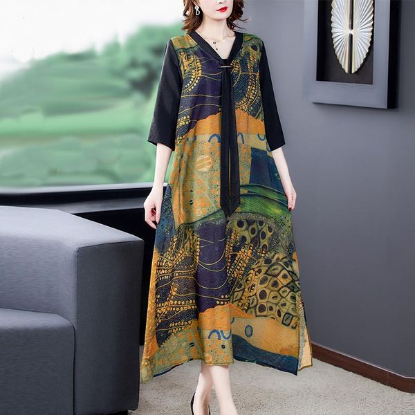 

casual dresses 2021 spring vintage print mulberry silk maxi summer 4xl plus size boho dress elegant women bodycon party vestidos, Black;gray