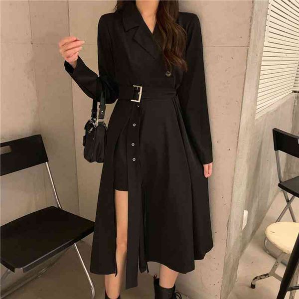 

vintage punk bandage maxi dresses for women streetweear balck long blazer dress with belt korean fashion style long sleeve dress, Black;gray
