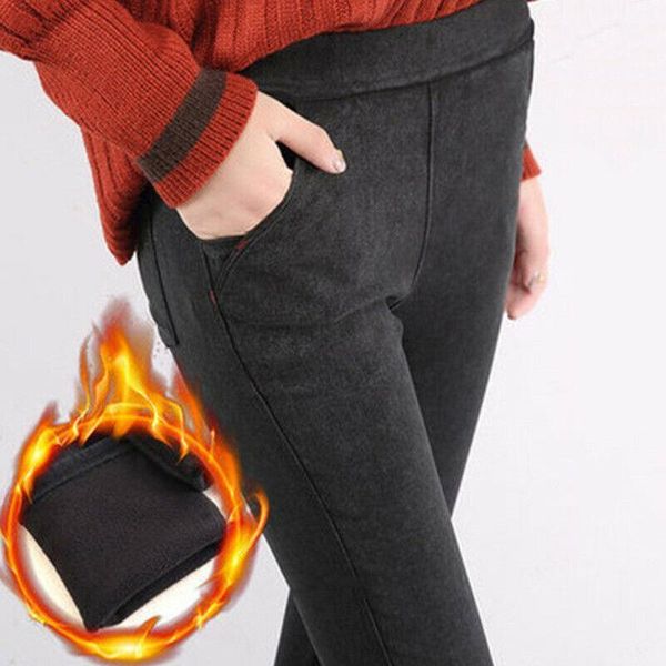 

womens warm fleece lined pant leggings thermals high waist stretch trousers winter lf881, Black;white