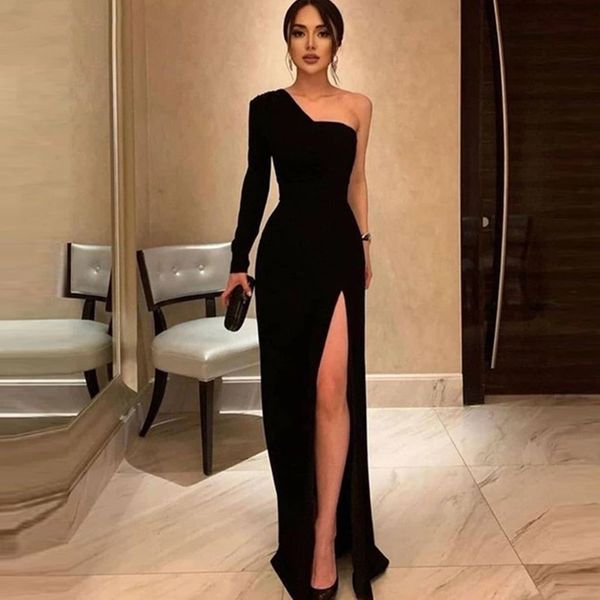 

simple satin black mermaid evening dress long sleeves 2022 one-shoulder side high split formal prom robe de soirÃ©e femme