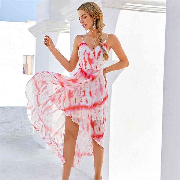 

tie dye print bohe style summer dress for women long robe elegant beach maxi sundress backless casual asymmetrical 210427, White